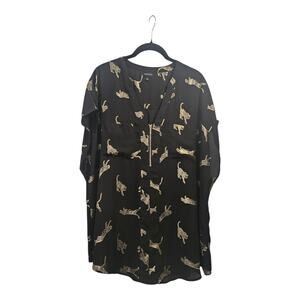 Torrid Georgette Womens Plus 2X GOLD FOIL Leopard Top Blouse Black S/S Gold Zip
